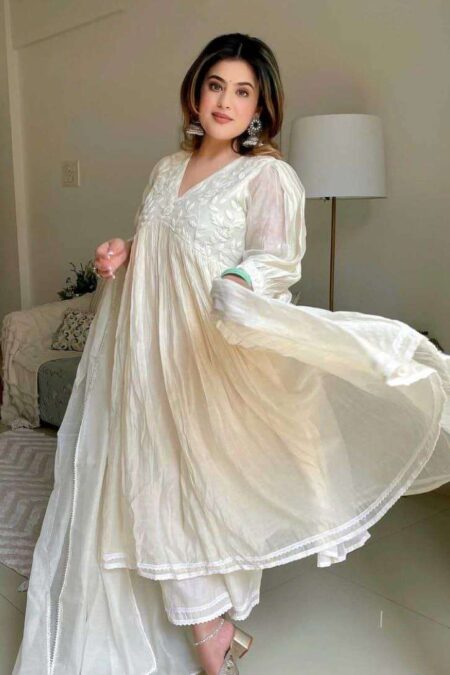 Women's Chanderi Silk Embroidered Anarkali Kurti With Pant and Dupatta