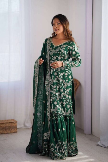 Women's Chinon Silk Embroidery Sequence Work Straight Kurti With Sharara Suit and Dupatta Set